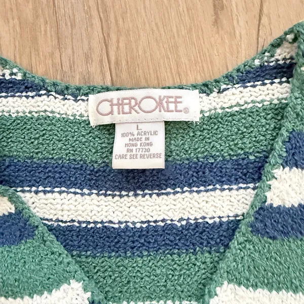 Vintage Women's Cherokee Acrylic Sweater Size L, Green White Strips V Neck - Image 4