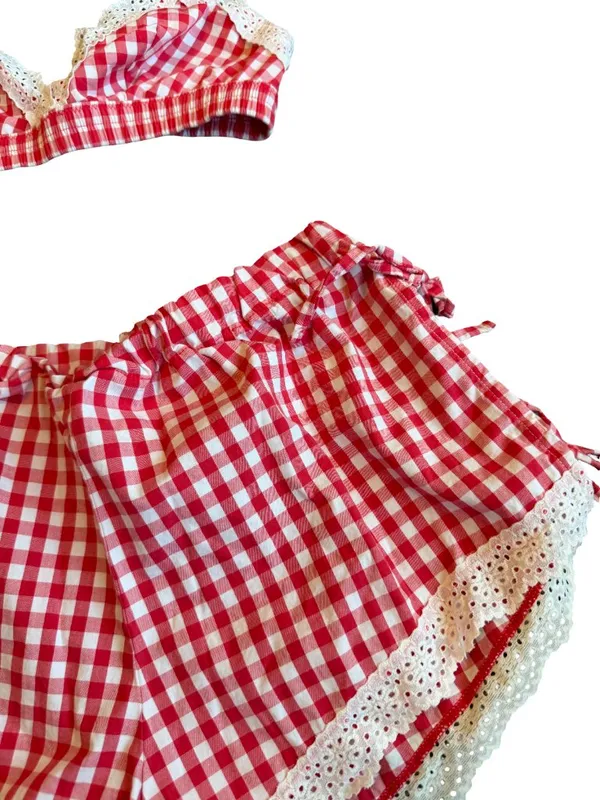 Colsie Red White Plaid Check Two Piece Outfit Set Crop Top Shorts Lace Size XS - Image 5