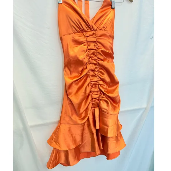 Morgan & Co. Orange Halter Dress Ruffle Size XS Formal Girls Womens Zipper‎ Back - Image 4
