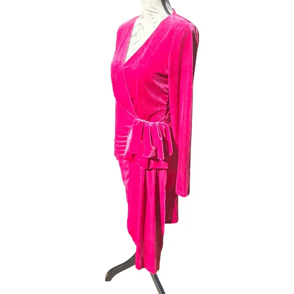 Style Cheat‎ 50O Velvet Mini Dress Long Sleeve Hot Pink Wrap Cocktail Party US 6 - Image 6