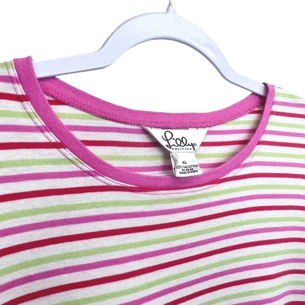 Lilly Pulitzer Striped T-Shirt‎ Pink Green White XL Pima Cotton Short Sleeve Top - Image 4