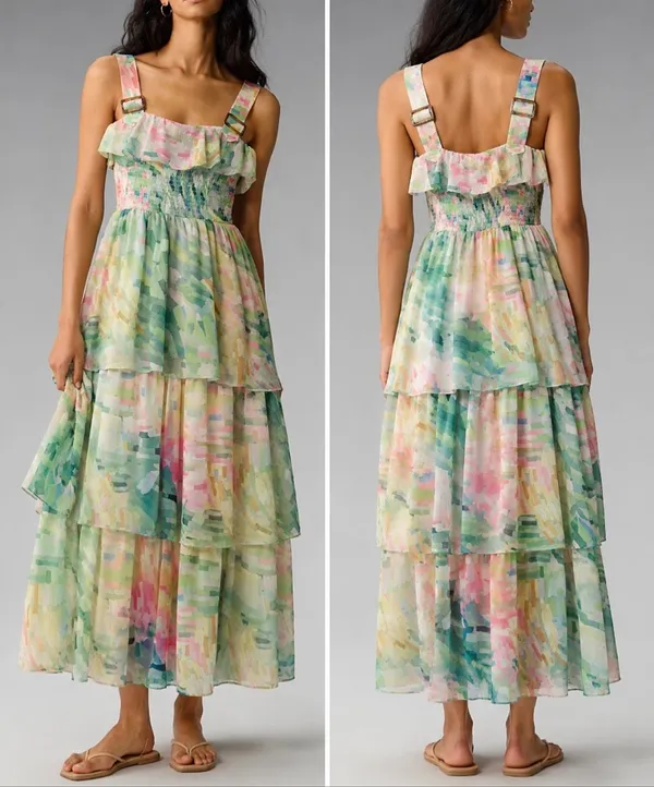 Anthropologie Hutch NWT pastel abstract print smocked tiered midi stress size sm - Image 2