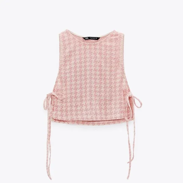 Zara Pink Houndstooth Retro Knit Halter Crop‎ Top with Bralette - Image 4