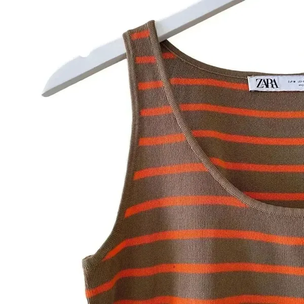 Zara Womens Brown Orange Viscose Stripes Knit Layering Tank Top SZ M # 1168 - Image 4