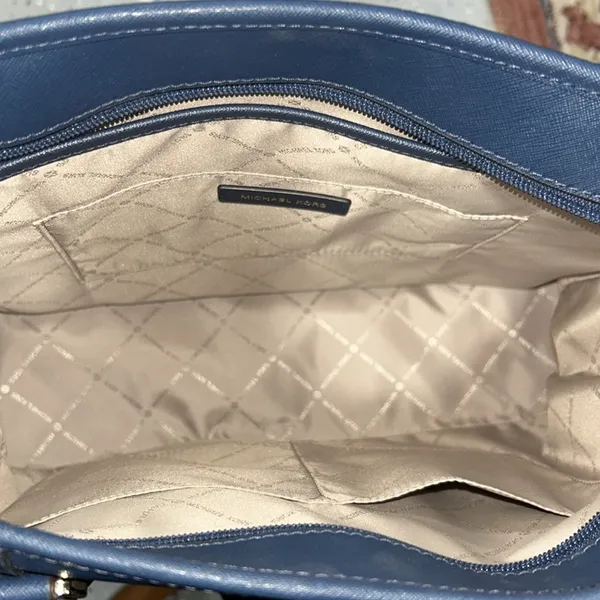 Michael Kors Navy Blue Leather Double Handle, Zipper Closure Shoulder Bag - Image 8