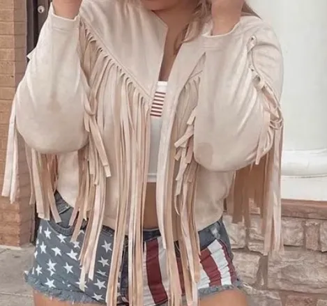Tan Fringe Suede Jacket Size L - Image 4