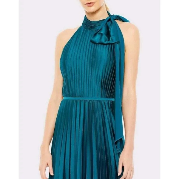 Ieena for Mac Duggal 26909 Pleated High Neck Kitten Bow Midi Dress Teal 8 - Image 2