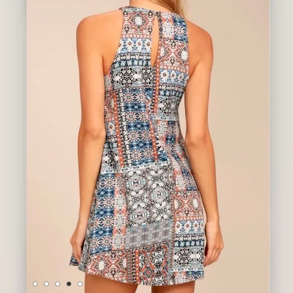 Lulus Design‎ Major Grey Blue Floral Boho Print Sleeveless Swing Dress LARGE - Image 4