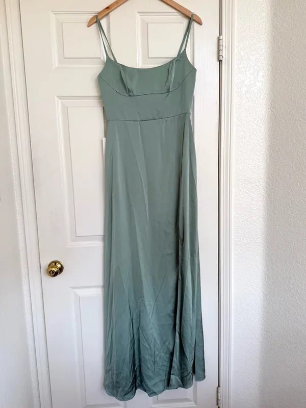 Azazie x Kendall Kylie Halsey green ALine Side Slit Metallic Satin Maxi Dress 6 - Image 2