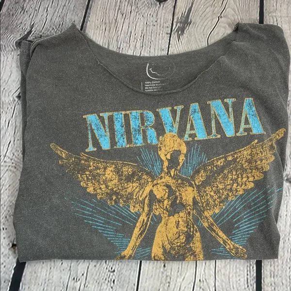 NIRVANA Angel Graphic Tee Gray and Gold size M/L neckline cut out - Image 6