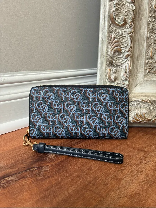 Coach Long Zip Around Wallet with Signature Monogram Print, Navy Blue / Gold - Image 3