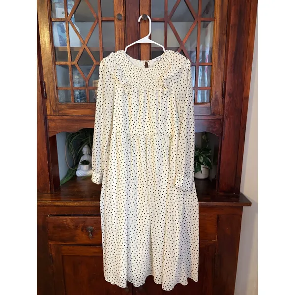 Madewell Women White Black Polka Dot Smocked Ruffle Midi Dress Size S - Image 2