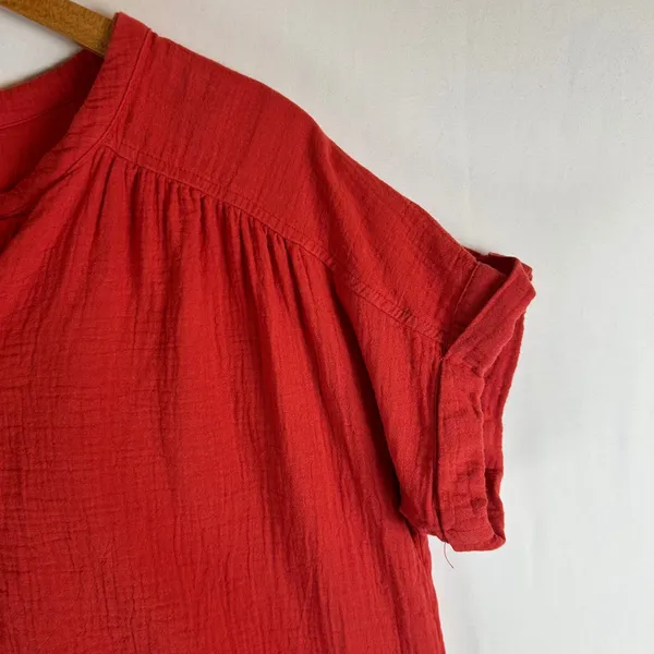 Pact Organic Cotton Gauze Henley Top Red Short Sleeve Relaxed Fit Small - Image 8