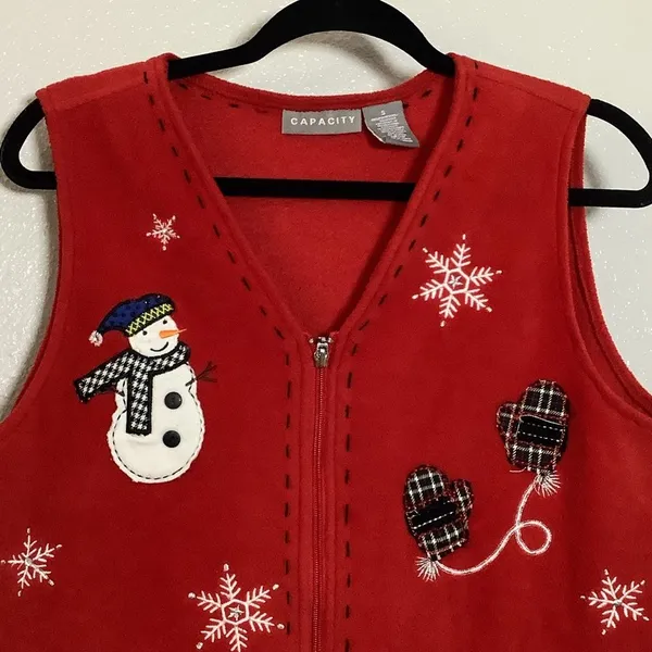 Vintage Retro Red Snowman Snowflake Winter Embroidered Holiday Full‎ Zip Vest S - Image 2