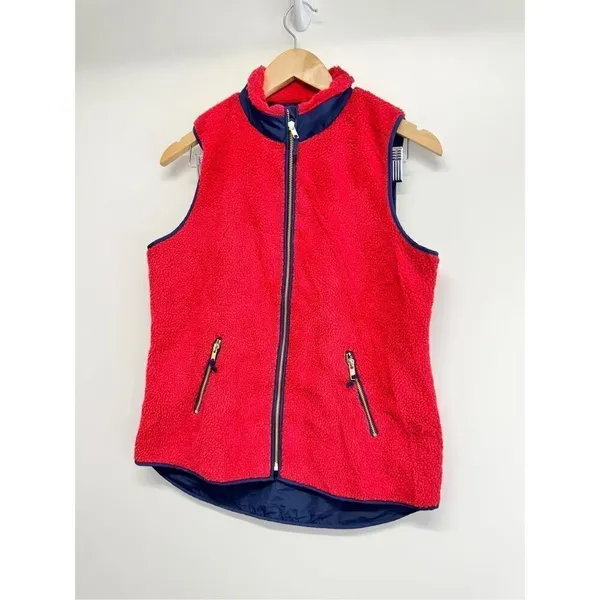 Crown & Ivy Red Sherpa Fleece Full Zip Vest Navy Trim Size Small - Image 3