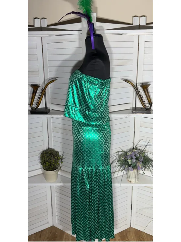 Vintage mermaid queen Halloween costume top bodysuit dress headband beaded L - Image 13