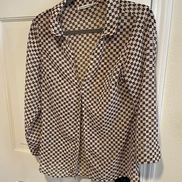 Abercrombie Sheer Mesh Brown Checkered Blouse Long Sleeve Button Up Top - Image 5