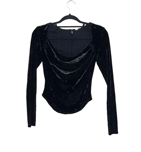 Revolve Black Velvet Cowl Neck Button Back Cropped Top - Image 2