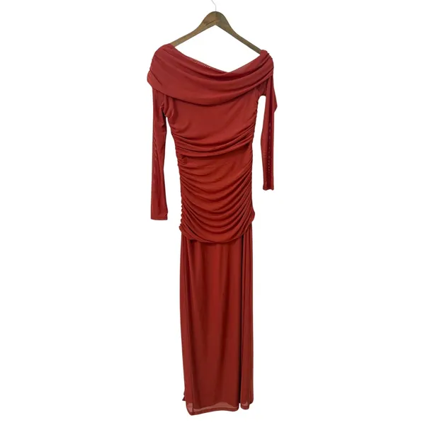 Lulus Darla Rust Red Mesh One-Shoulder Long Sleeve Maxi Dress size Large NWT - Image 4