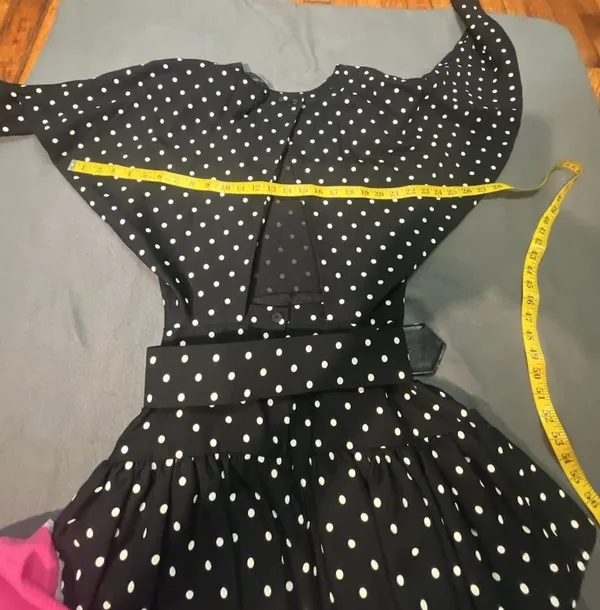 Black and White Polka Dot Ruffled Mini Dress with Belt and Keyhole Back - Image 3