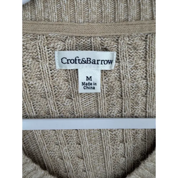 Croft & Barrow Womens Sweater Tan Beige Cable Knit V-Neck Cotton Medium - Image 5