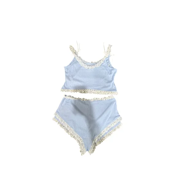 Kacey Lee Baby Blue Pointelle Lace Trim Two Piece Set Cami Shorts L - Image 2