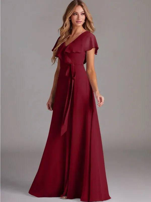 Azazie Burgundy Ruffle Wrap Maxi Dress with Side Slit - Image 4