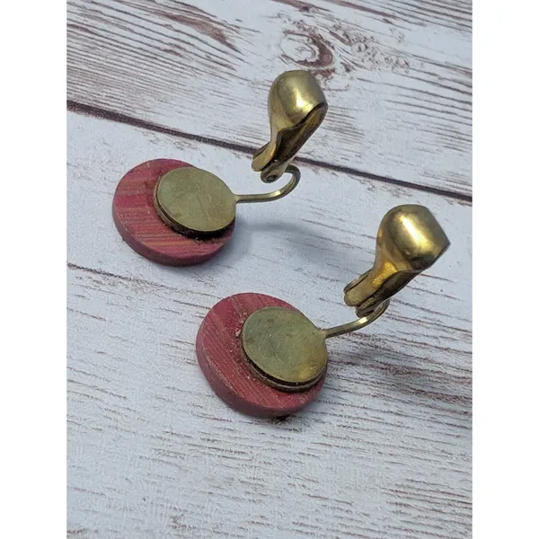 Vintage Clip On Earrings - Wooden? Circle with Pattern 5/8" - Image 3