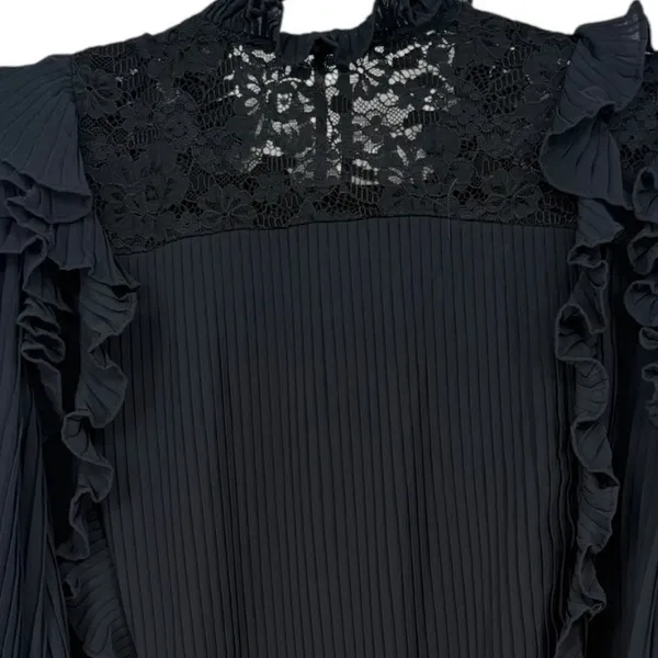Anthropologie Pleated Ruffled Sheer Lace Blouse‎ Top Black Size LP Whimsigoth - Image 7