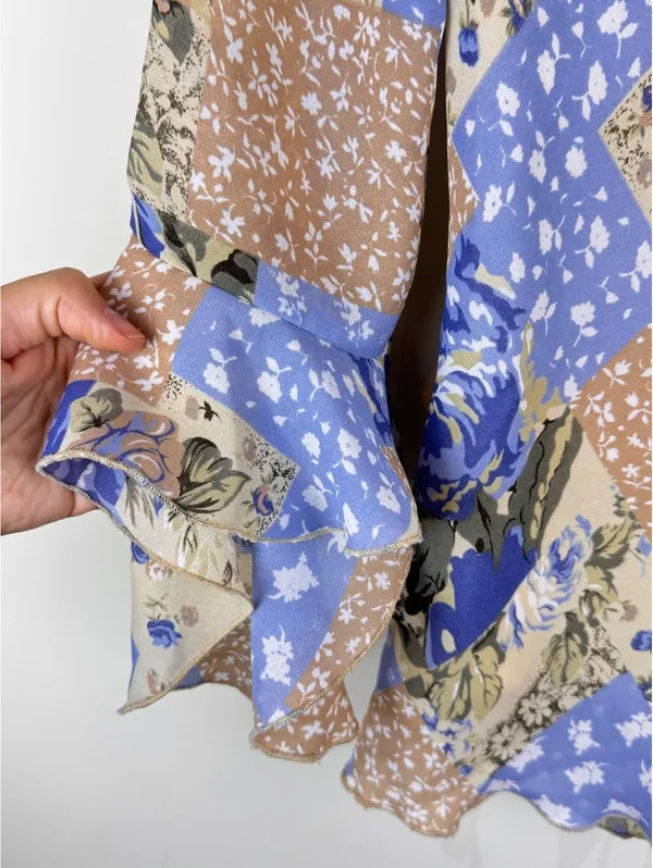 Jonathan Martin Studio Y2K Floral Patchwork Bell Sleeve Blouse Blue Tan Size S - Image 4