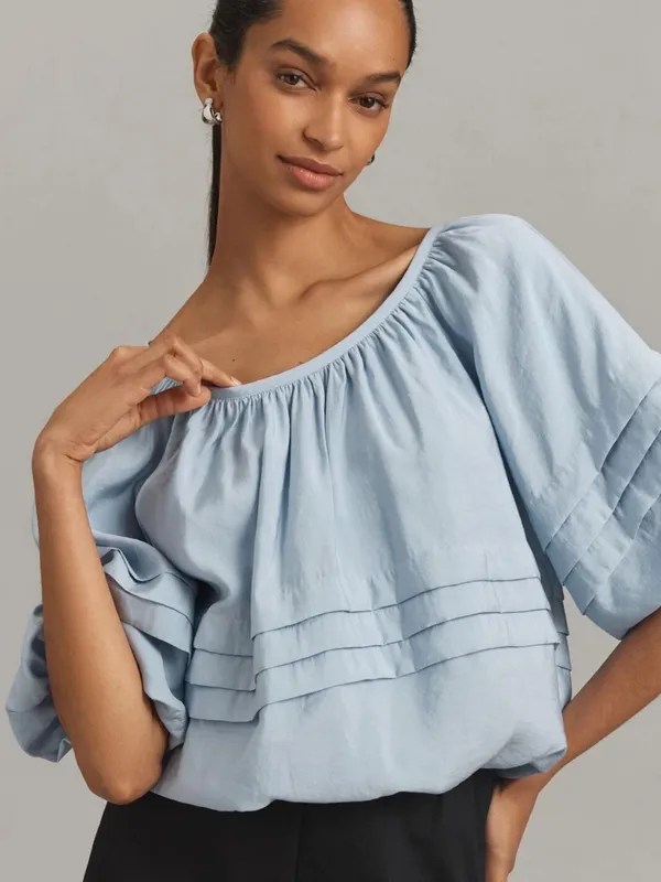 ANTHROPOLOGIE MAEVE SHORT PUFF SLEEVE BUBBLE TIERED BLOUSE SHIRT TOP BLUE medium - Image 3