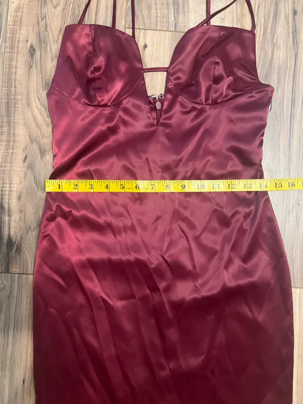 Miss Circle Burgundy Wine Satin Plunge Cutout Bodycon Midi Dress Small - Image 12