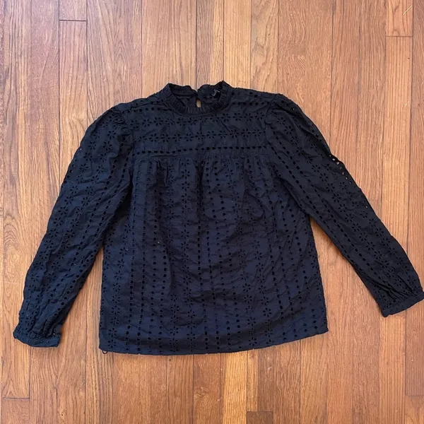 J. Crew Women's Tie Back Top in Black Cotton Ditsy Eyelet Mock Neck - Sz XS - Image 10