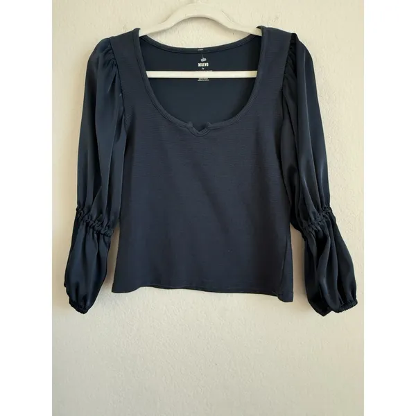 Anthropologie Maeve Blue‎ Ribbed Satin Tiered Balloon Sleeve Cropped Top Size S - Image 5