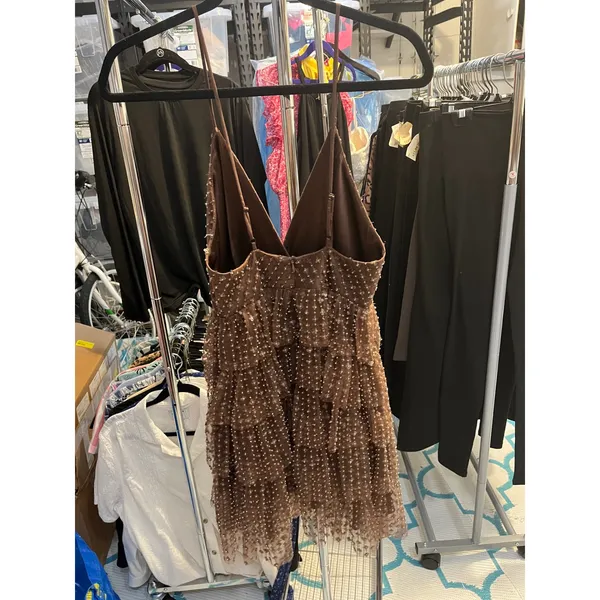 Chocolate Brown Sequin Tiered Ruffle Mini Dress V-Neck Adjustable‎ Straps - Image 2