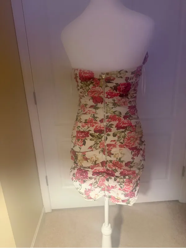 Floral Strapless Ruffle Mini Dress in White, Pink & Green - Image 6