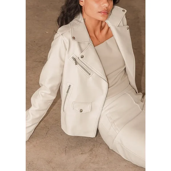 Lulus Out for the Night Beige Vegan Leather Moto Jacket XS NWT - Image 2