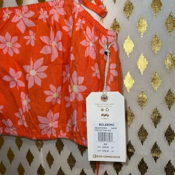 NWT orange Billabong X Wrangler Perfect Pair Tie Strap Floral Daisy Crop Top siz - Image 7