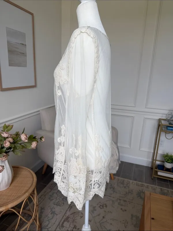 Rock & Roll Cowgirl Romantic Ivory Embroidered Lace Boho Tunic Western Top S - Image 8