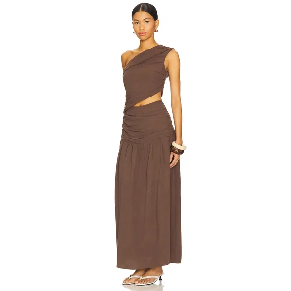 4th & Reckless Yara Maxi Linen Blend Chocolate Ruched Cutout Dress NWT Large - Image 5
