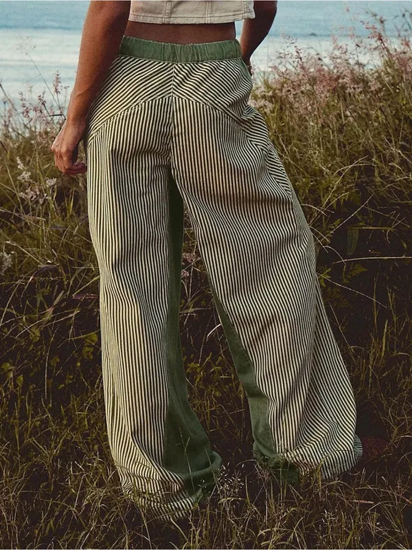 PEIHOT Low Rise Striped Pants for Women Pull On Drawstring Boho Wide Leg Jeans - Image 3