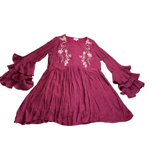 Umgee Burgundy Embroidered Floral Bird‎ Boho Mini Dress Ruffle Bell Sleeve Small - Image 11
