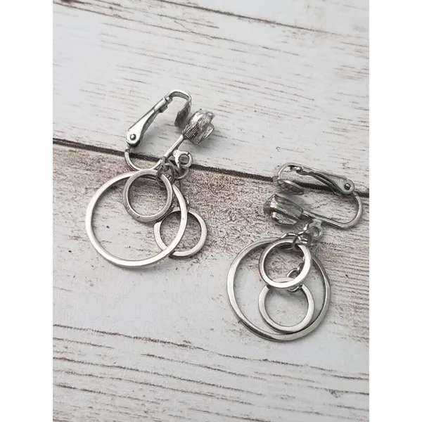 Vintage Clip On Earrings Three Circles Silver Tone Dangle - Image 2