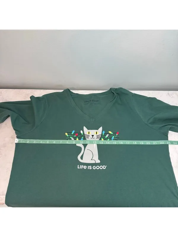 Life is Good Green Cat Christmas Lights Long Sleeve Crusher Tee XL - Image 7
