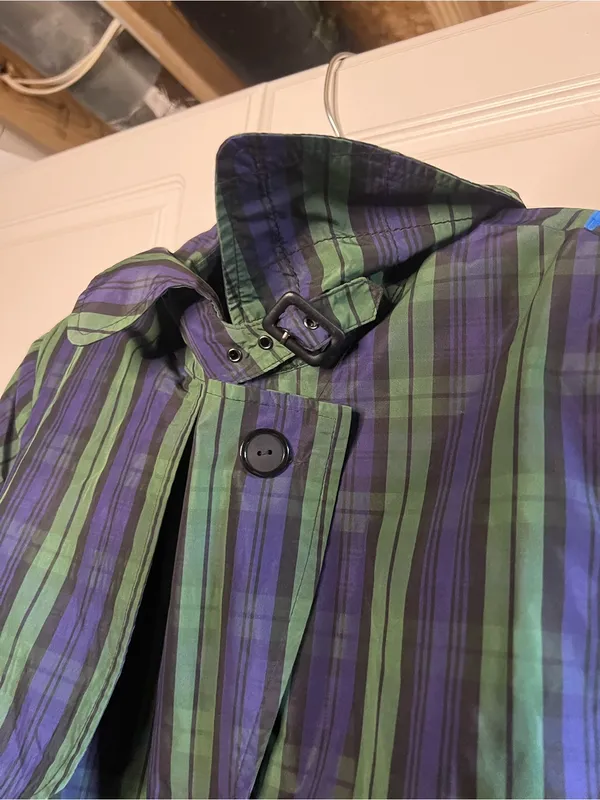Vintage Jeffrey Banks Plaid Trench Coat Longline Belted Green Purple Size M - Image 9