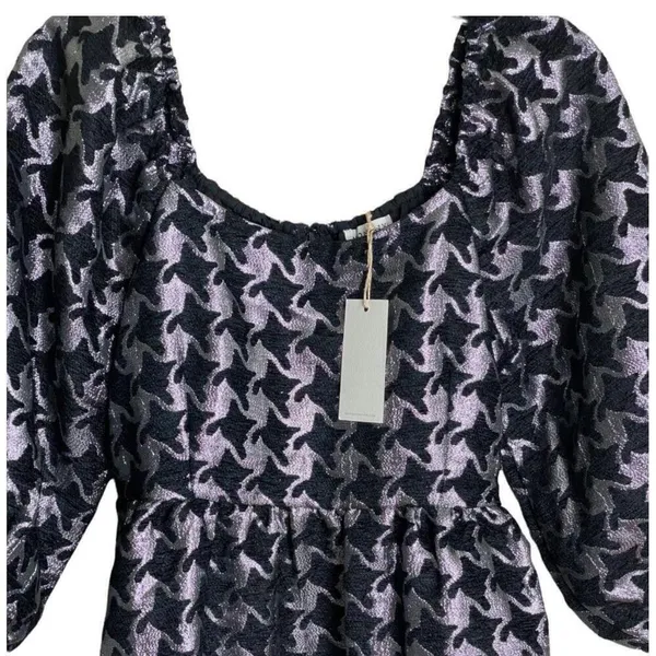 NEW Anthropologie Balloon Sleeves Dress XSMALL DAMASK houndstooth Silver Black - Image 6