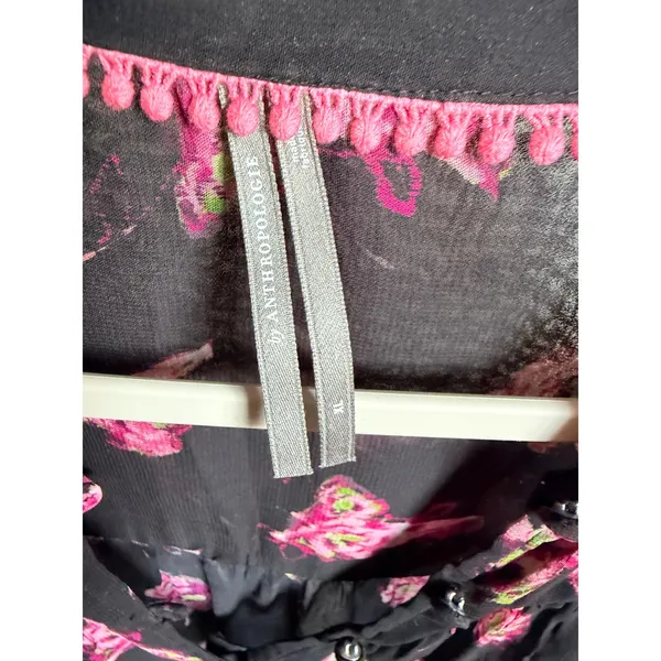Anthropologie Pink Floral Sheer Button Front Blouse Black Viscose XL Pom Pom - Image 2
