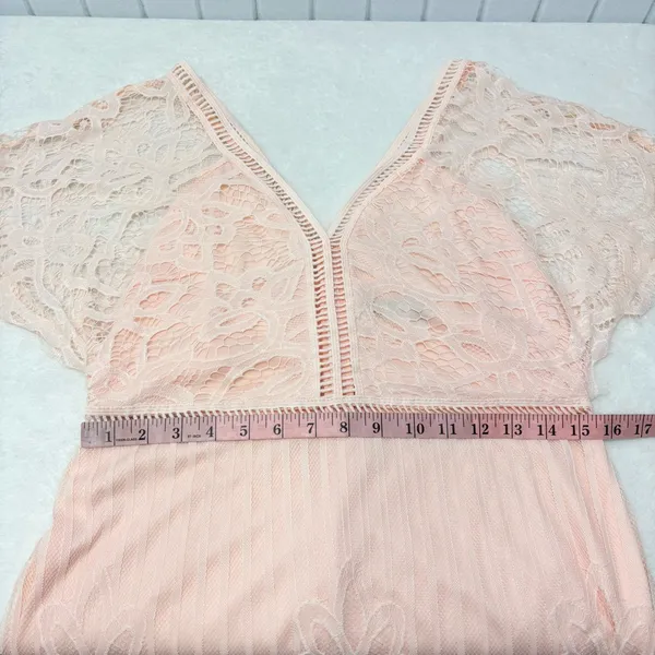 Boohoo Peach Lace Mini Dress Size‎ 10 V-Neck Sheer Sleeve Romantic - Image 11