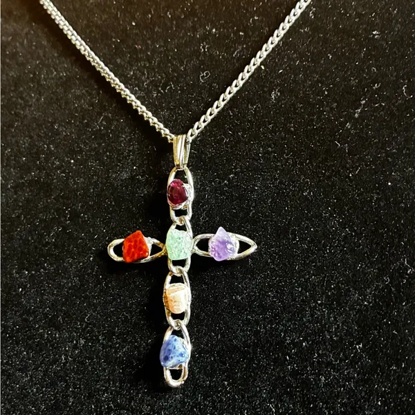 Multicolor Raw Gemstone Cross Necklace Silver tone - Image 2