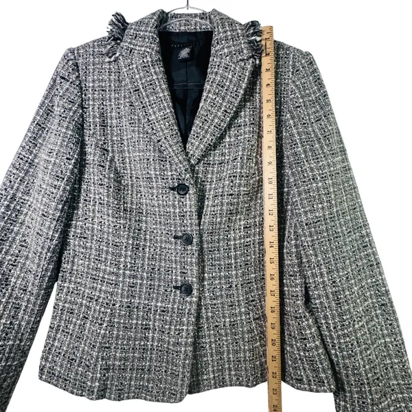 Apostrophe Wool Blend Tweed Blazer Jacket‎ Black White Fringe Trim Size 8 Office - Image 6